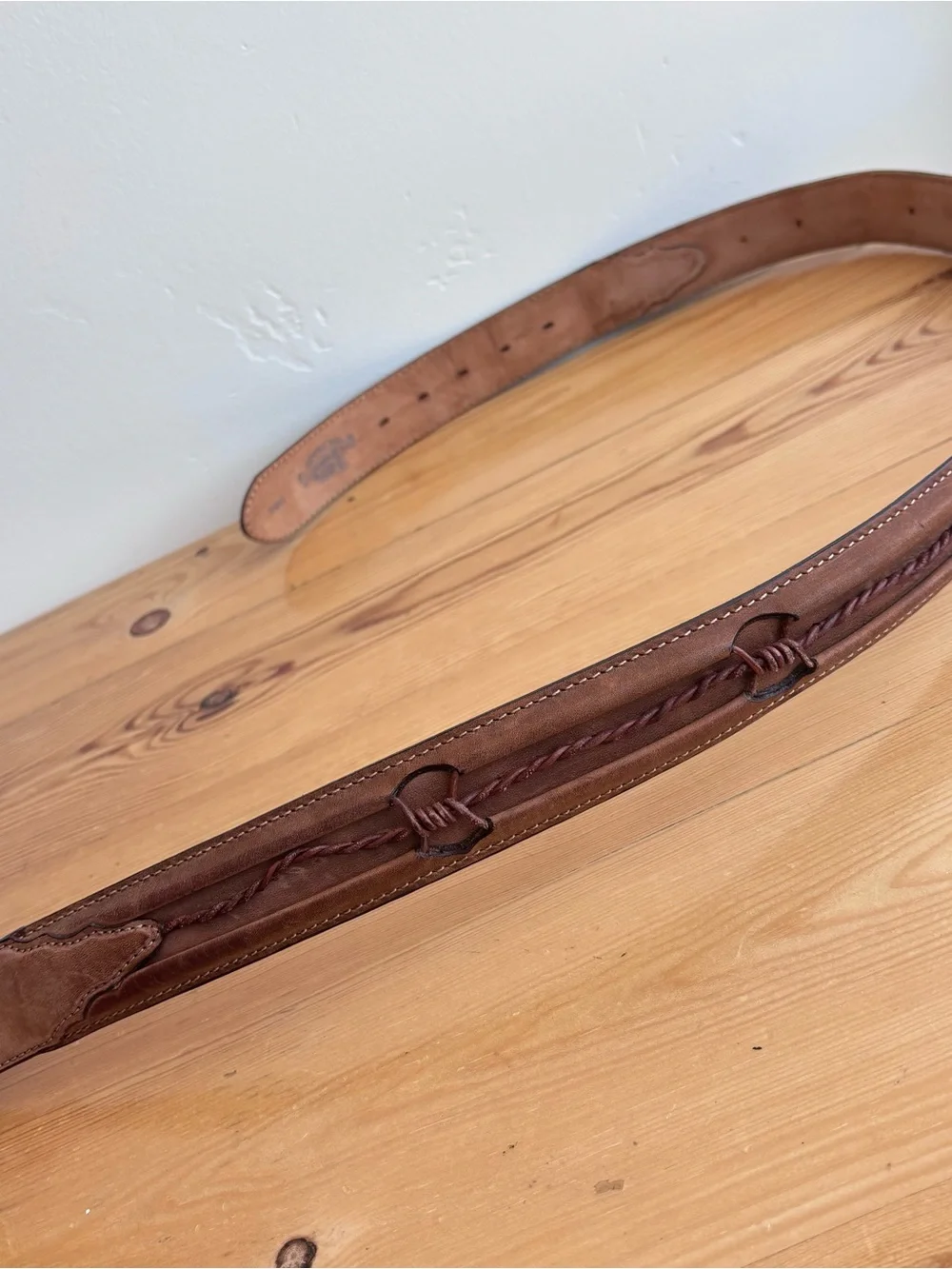 Justin Fenced In belt strap Brown leather with barbed wire Size 38 -NO BUCKLE